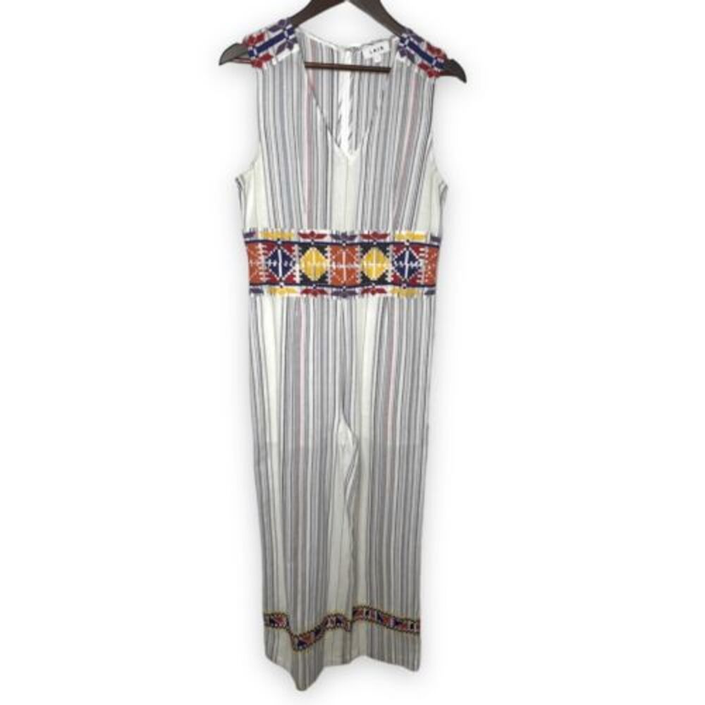 LAIA Multicolor Stripe Embroidered V-Neck Sleeveless Jumpsuit Size Small